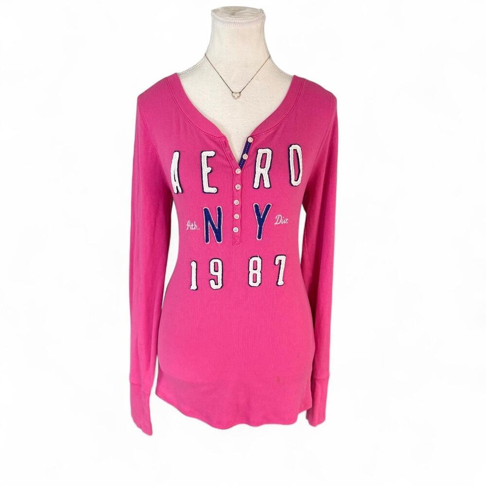 Y2K Pink Aeropostale Henley long sleeve shirt with white lettering size XL